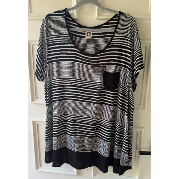 Anne Klein Striped Top Womens 2X Black White Short Sleeve Scoop Neck Blouse - Picture 1 of 8